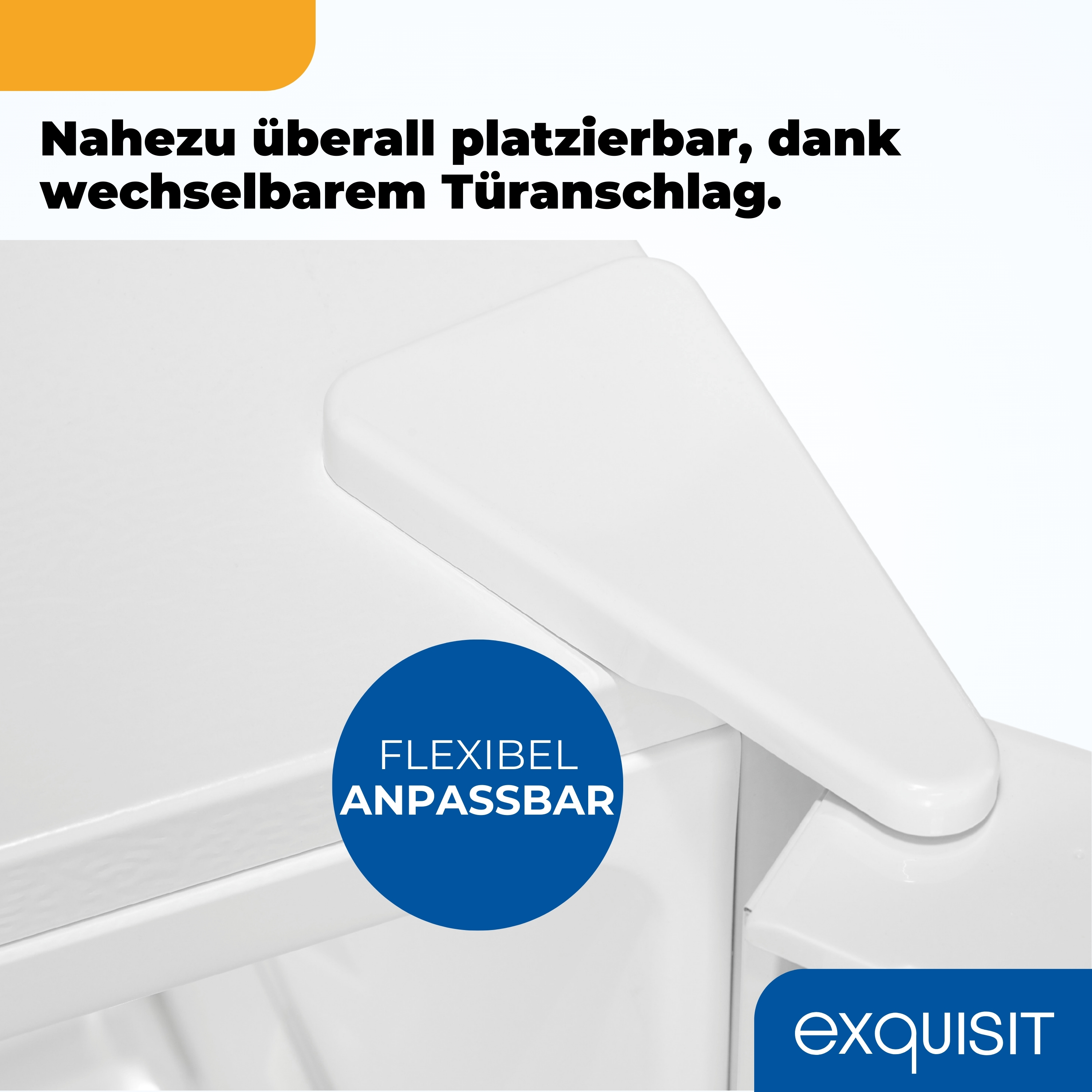 Weißer Schrank mit flexiblem Design. Text: 'Flexibel anpassbar'.