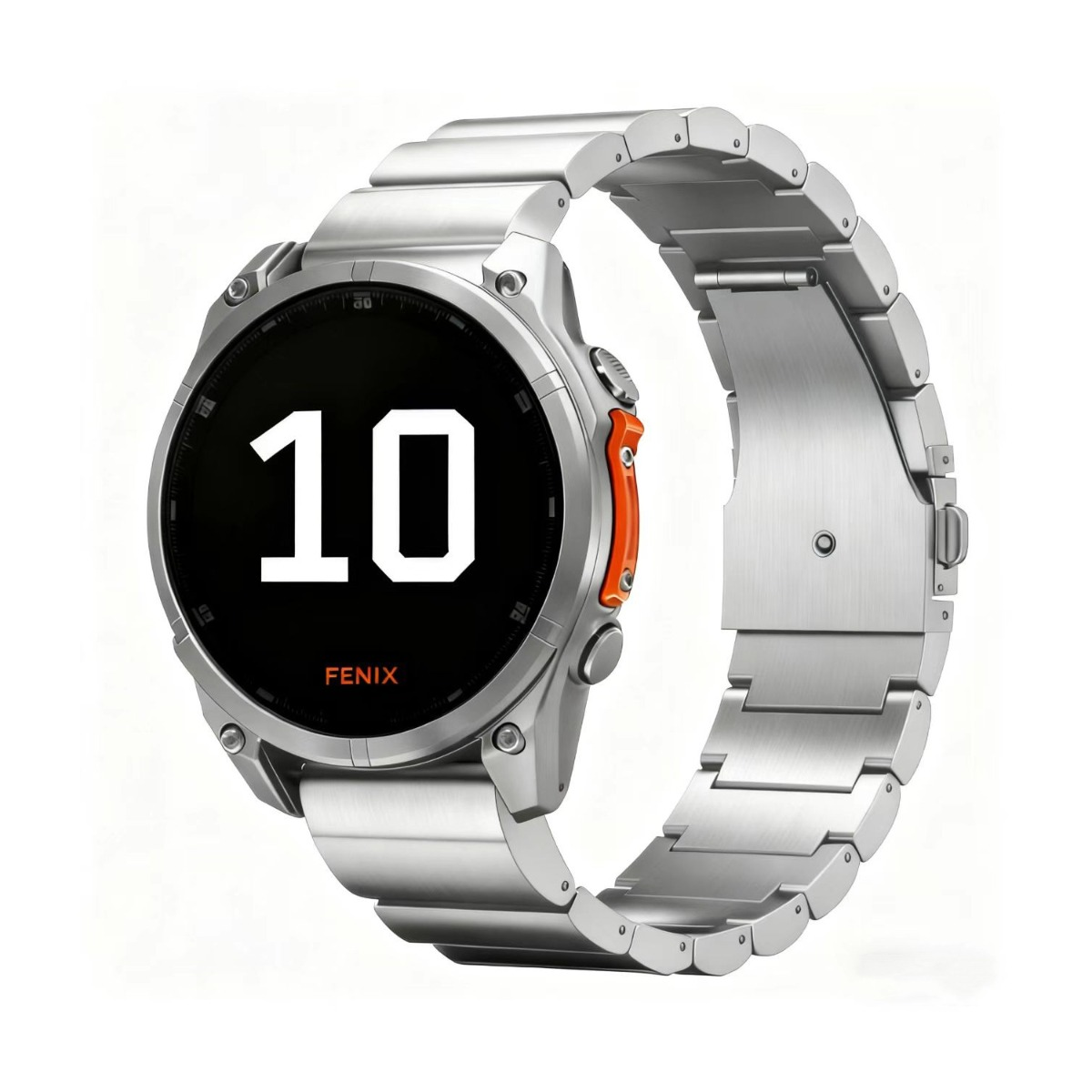 Eine silberne Smartwatch mit schwarzem Bildschirm, der die Zahl 10 in Weiß anzeigt. Die Uhr hat eine orangefarbene Taste und ein silbernes Armband.