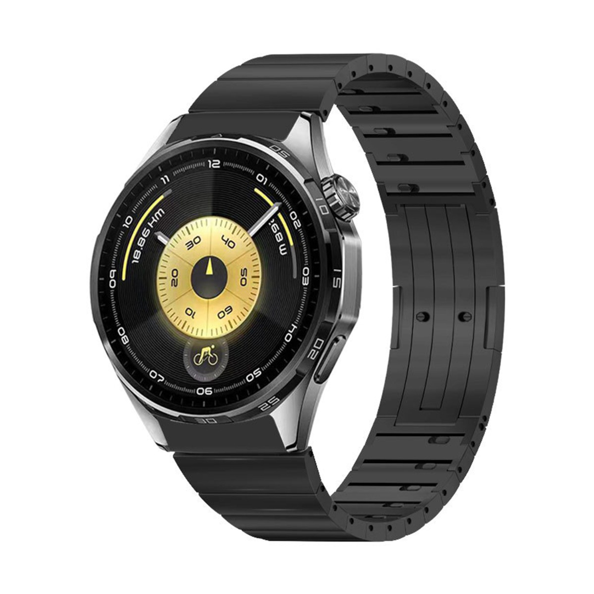 Eine moderne Smartwatch mit einem schwarzen Metallarmband. Das Zifferblatt ist schwarz und goldfarben mit Zahlen und einem Fahrradsymbol.