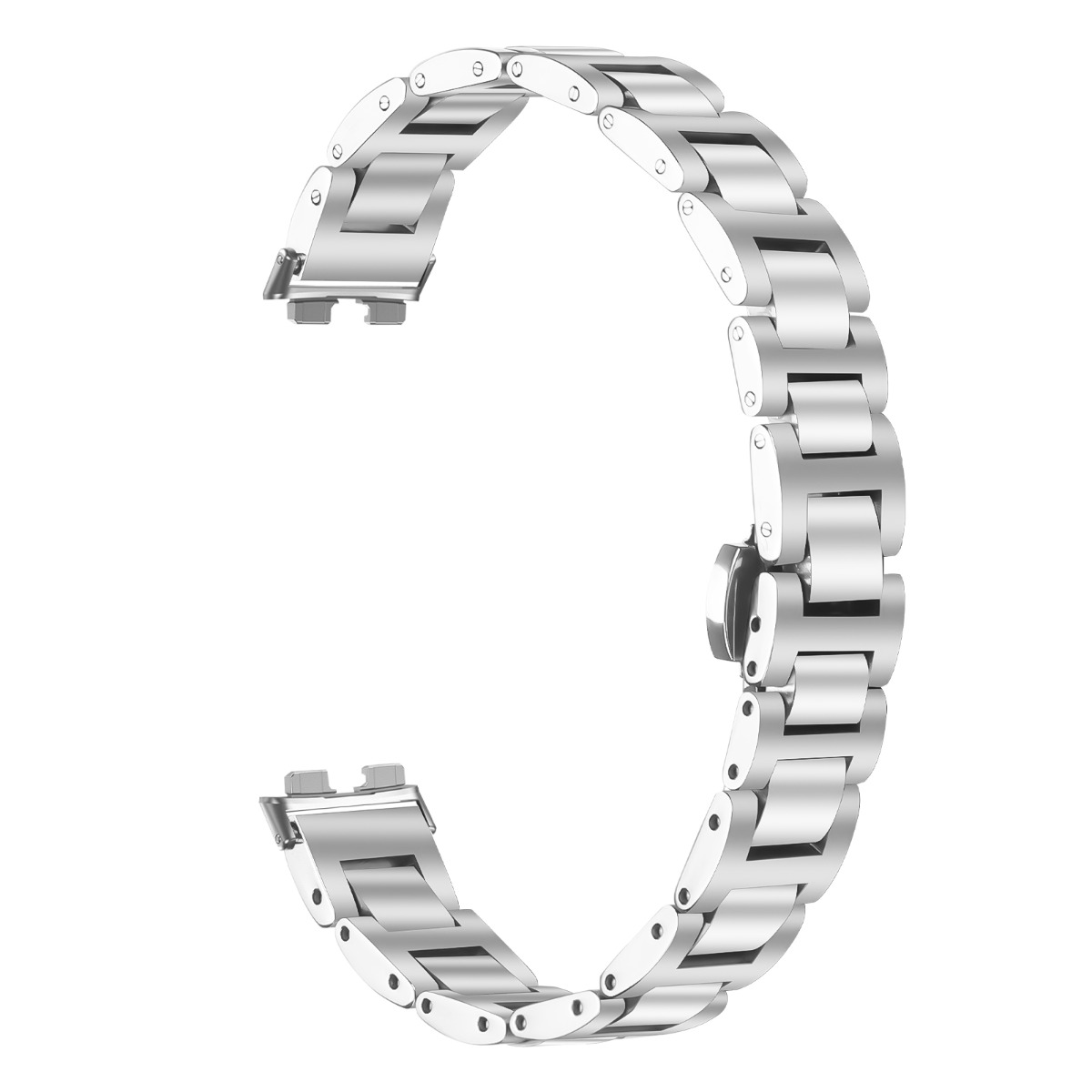 Ein silbernes Uhrenarmband mit mehreren verbundenen Gliedern wird vor einem weißen Hintergrund angezeigt.