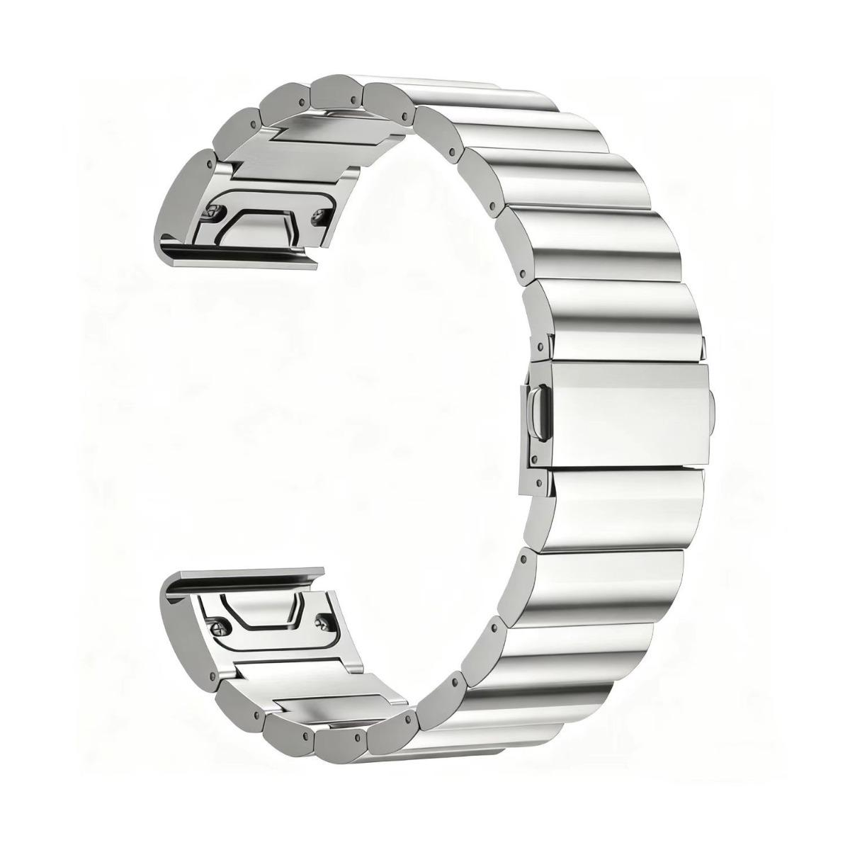 Ein silbernes Metall-Uhrenarmband mit geschwungenem Design. Es ist offen und zeigt die Verbindungspunkte. Der Hintergrund ist weiß.