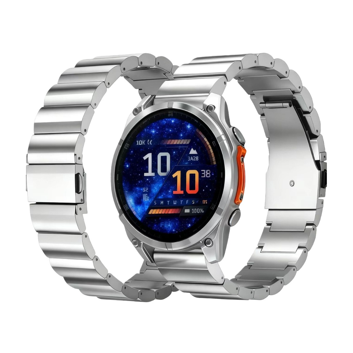 Eine silberne Smartwatch mit digitaler Anzeige, die Zeit und Aktivitätsdaten anzeigt. Die Uhr hat ein silbernes Armband. Der Hintergrund ist weiß.