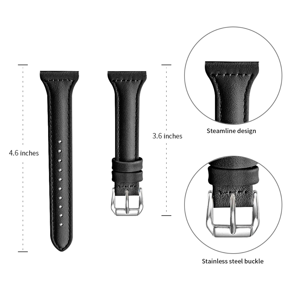 Se muestra una correa de reloj. Los detalles incluyen una hebilla de acero inoxidable, diseño aerodinámico y medidas de 4,6 y 3,6 pulgadas.