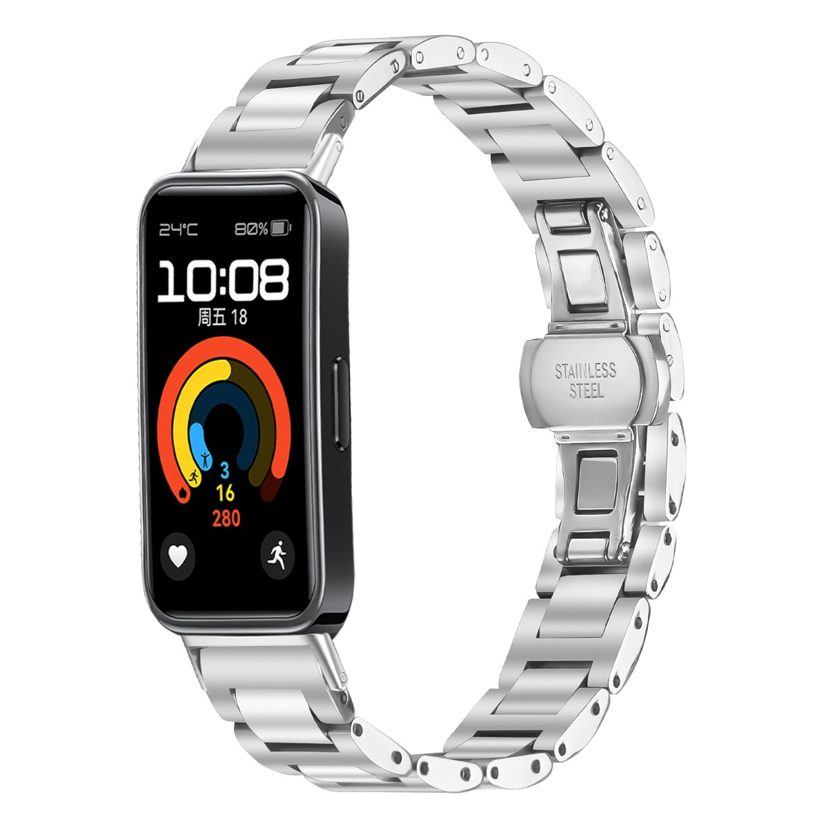 Eine silberne Smartwatch mit schwarzem Bildschirm, der Zeit, Temperatur und Aktivitätsdaten anzeigt. Das Armband besteht aus Edelstahl.