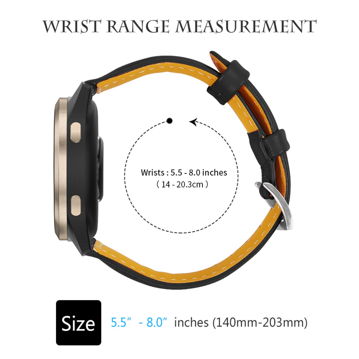 Un reloj con una correa de cuero negro y amarillo. El texto muestra el tamaño de la muñeca de 5,5 a 8,0 pulgadas. El texto también dice 'Wrist Range Measurement'.