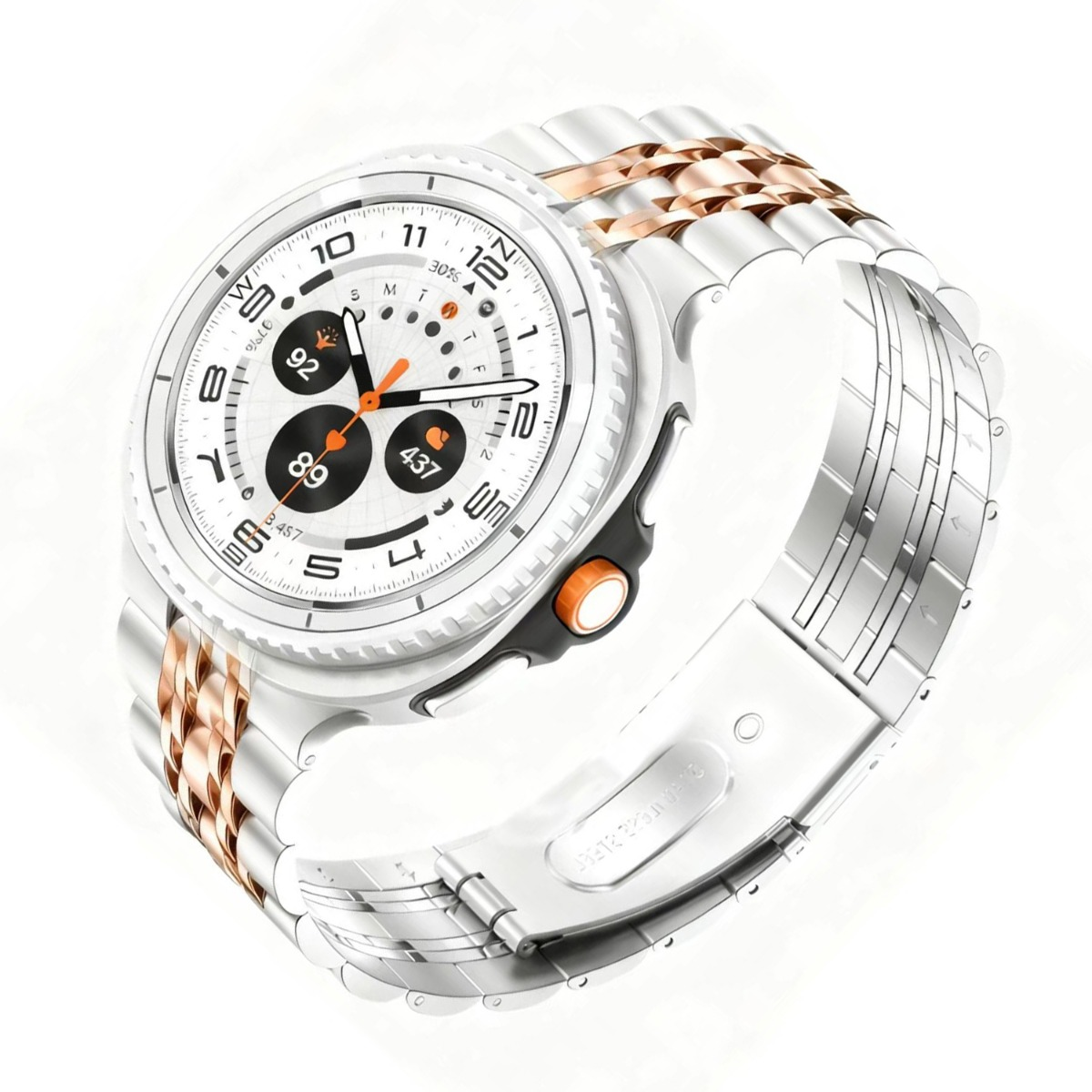 Eine moderne Armbanduhr mit weißem Zifferblatt, silbernem und roségoldenem Band sowie schwarzen und orangefarbenen Akzenten.
