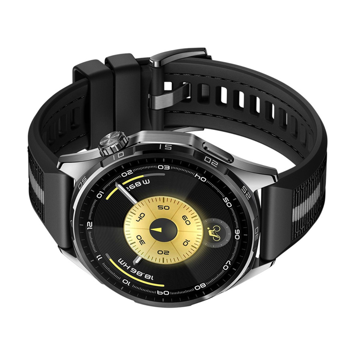 Eine schwarze Smartwatch mit rundem Zifferblatt, silberner Lünette und schwarzem Armband. Das Zifferblatt zeigt Zeit und Statistiken in Gold und Schwarz.