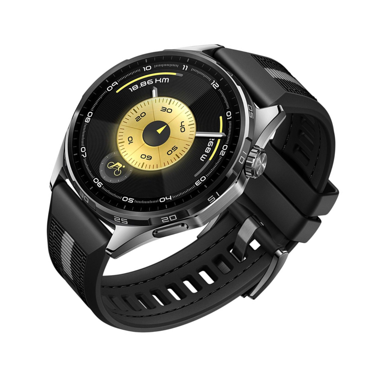 Eine schwarze Smartwatch mit rundem, schwarz-goldenem Zifferblatt. Sie zeigt Distanz, Zeit und ein Fahrradsymbol, mit schwarzem Armband.