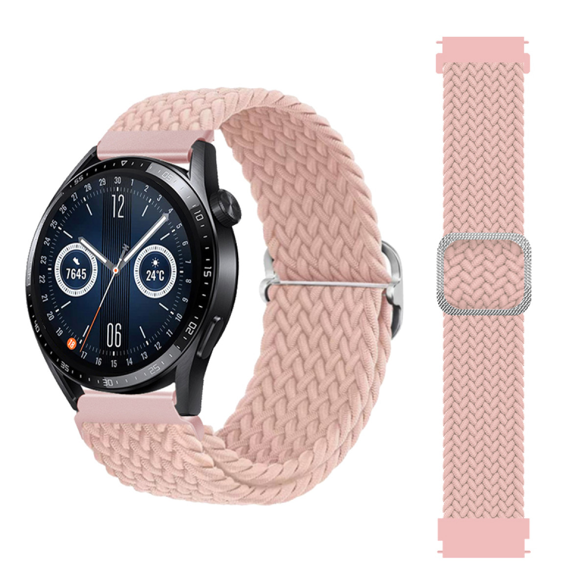 Schwarze Smartwatch mit rosa geflochtenem Armband. Ein anderes Armband ist abgenommen. Die Uhr zeigt Uhrzeit und Temperatur.