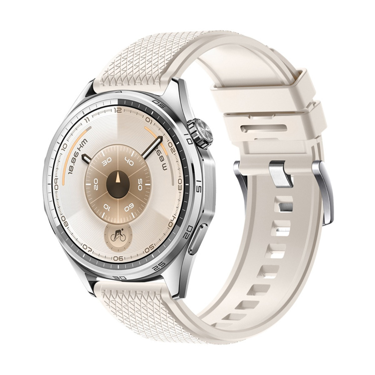 Uno smartwatch color crema con lunetta argentata e cinturino color crema, con un quadrante dettagliato.