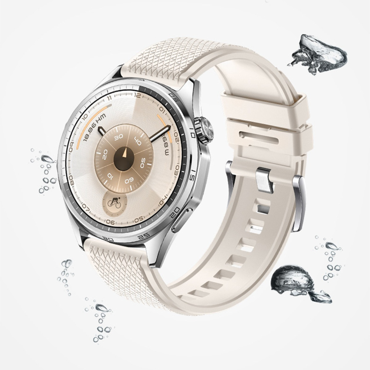 Uno smartwatch color crema con lunetta argentata e cinturino crema. Gocce d'acqua suggeriscono resistenza all'acqua.