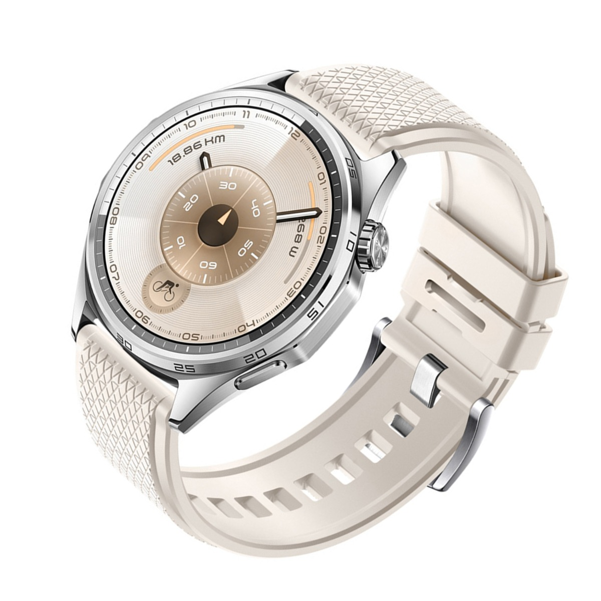 Uno smartwatch color crema con quadrante rotondo e cinturino abbinato. Mostra l'ora e le metriche di attività.