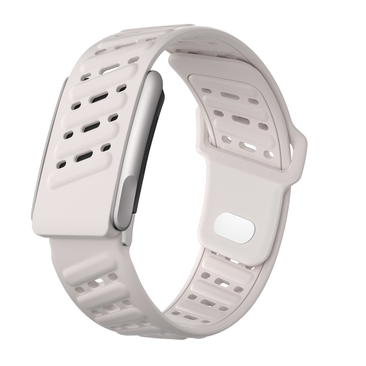 Ein hellrosa Smartwatch-Armband mit rechteckigem Design. Es hat mehrere Löcher zur Belüftung und eine silberne Schließe, auf weißem Hintergrund platziert.