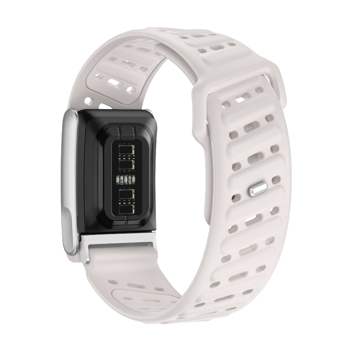 Ein weißer Fitnesstracker mit schwarzem Bildschirm und silbernen Akzenten. Das Armband ist weiß mit Löchern. Das Gerät ist isoliert auf Weiß.