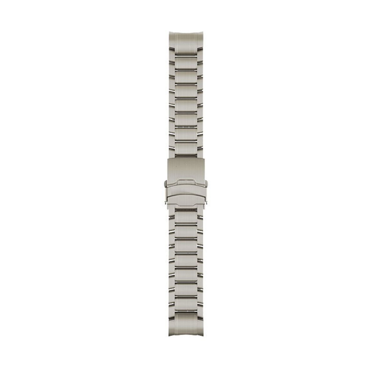 Una correa de reloj plateada colocada verticalmente. Tiene un cierre en el medio y está hecha de varios eslabones metálicos.