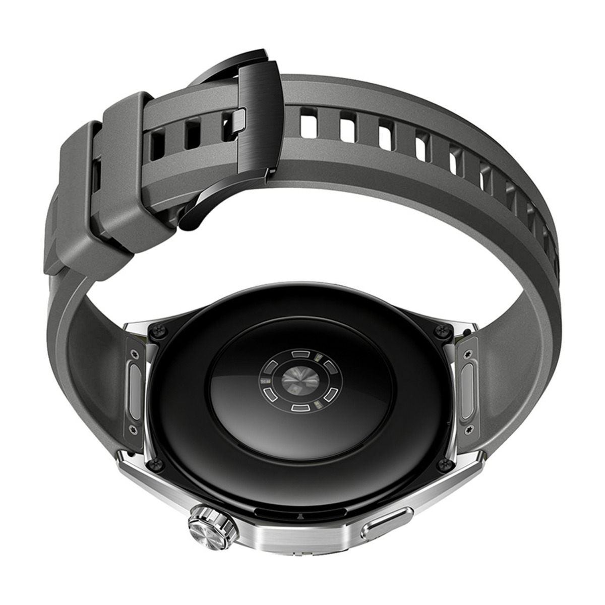 Graue Smartwatch mit schwarzem Bildschirm. Das Armband ist grau, die Schnalle schwarz. Die Uhr ist auf weißem Hintergrund.