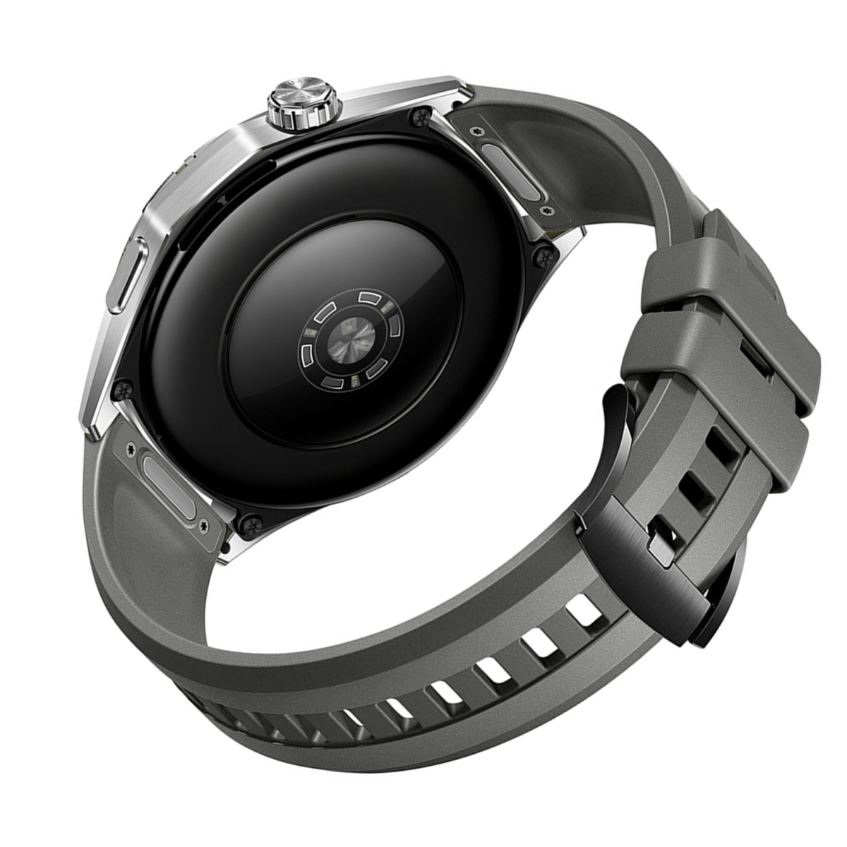 Eine graue Smartwatch mit schwarzer Rückseite und grauen Armband. Die Uhr hat eine silberne Lünette und eine schwarze Schnalle.