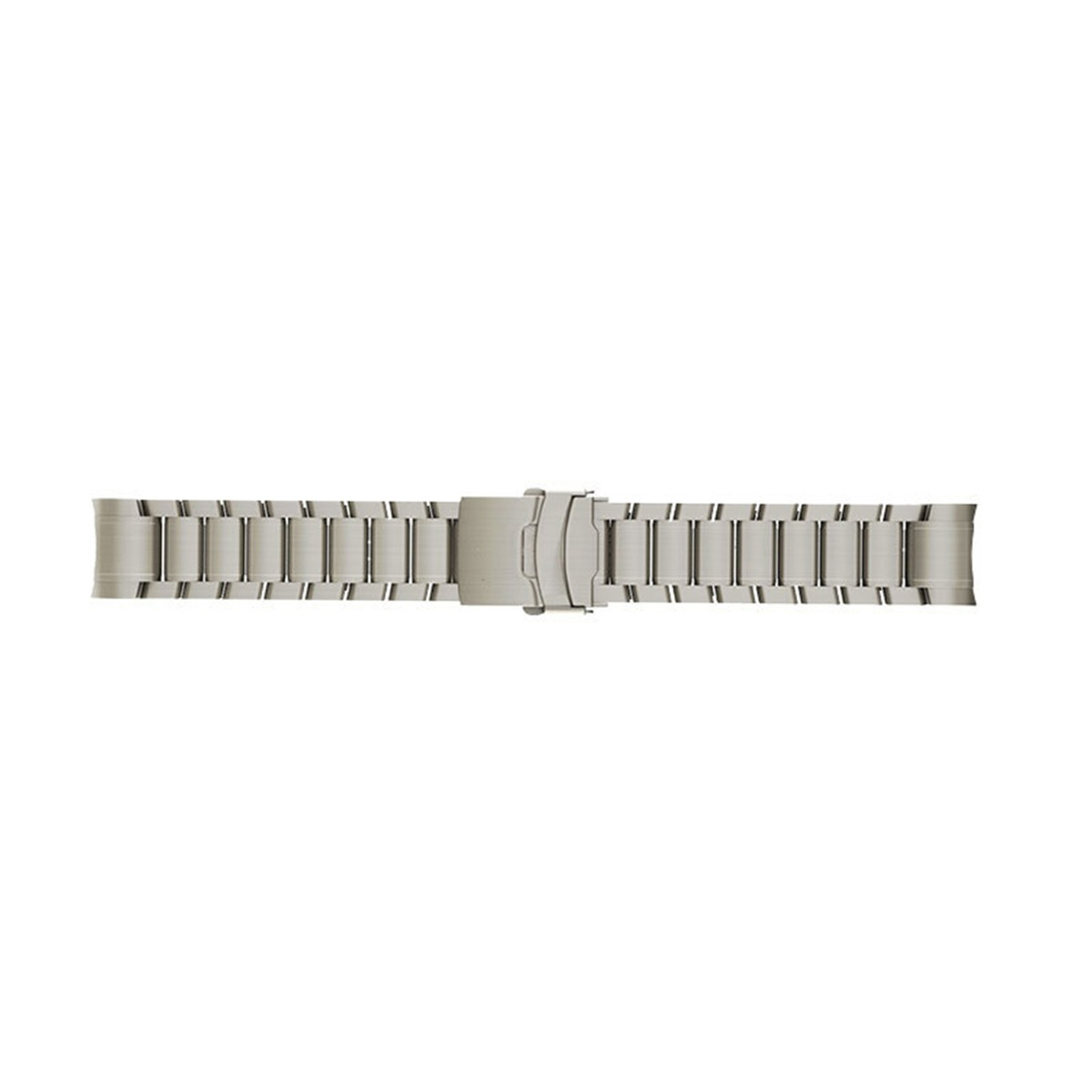 Una correa de reloj plateada se encuentra horizontalmente, centrada contra un fondo blanco. La correa está hecha de eslabones metálicos rectangulares.