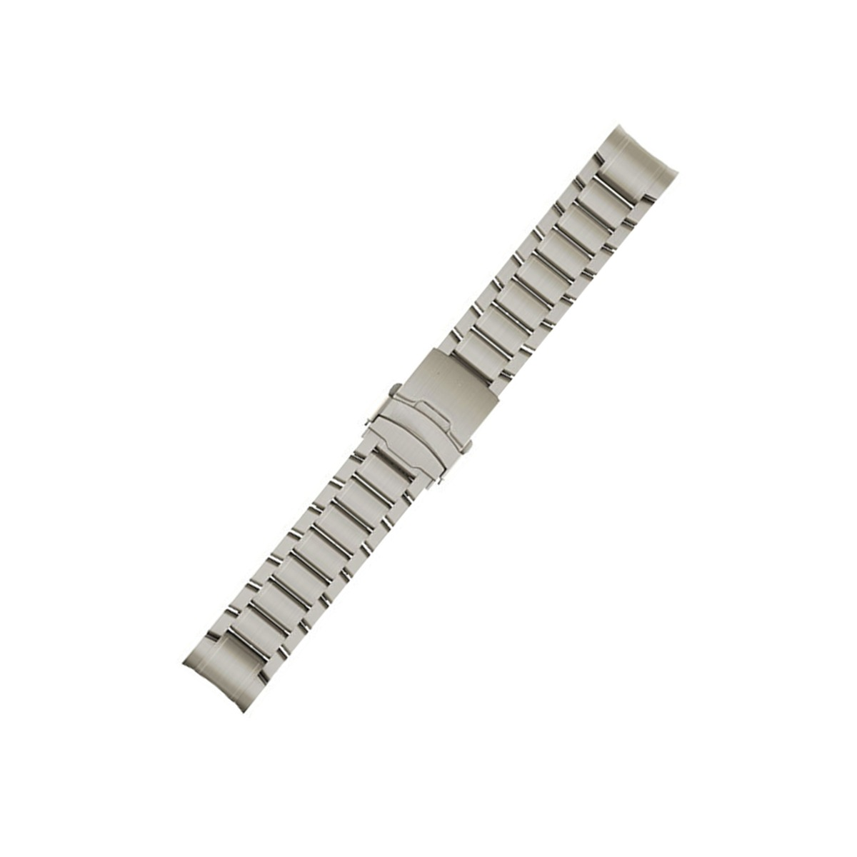 Una correa de reloj metálica plateada, mostrada diagonalmente sobre un fondo blanco. La correa está hecha de eslabones conectados.
