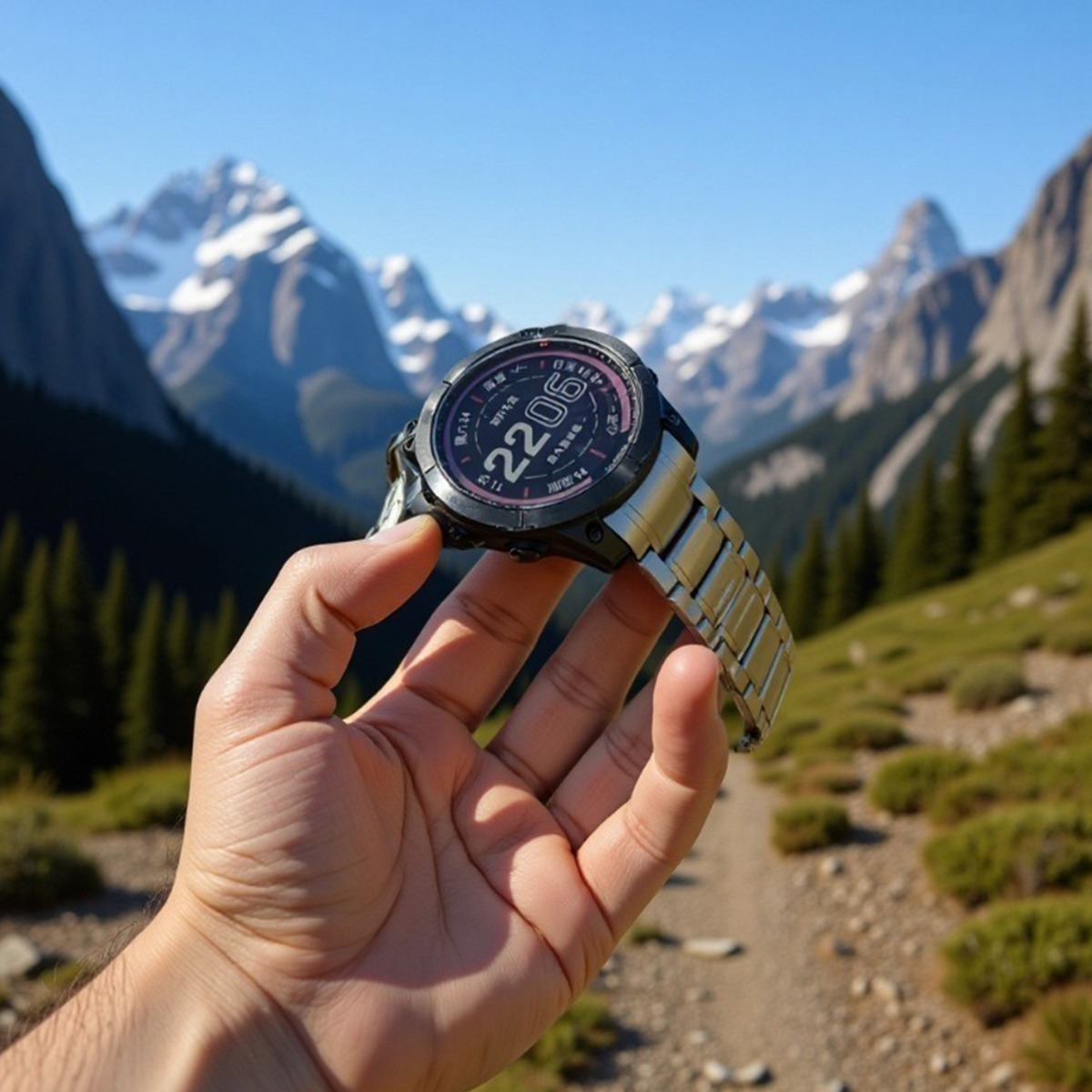 Una mano sostiene un reloj inteligente con una correa de metal. Montañas y un camino en el fondo, bajo un cielo azul.