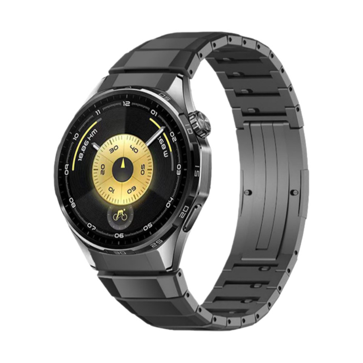 Eine moderne Smartwatch mit einem schwarzen und silbernen Metallarmband. Das Zifferblatt zeigt Zeit und Metriken mit goldenen Akzenten.