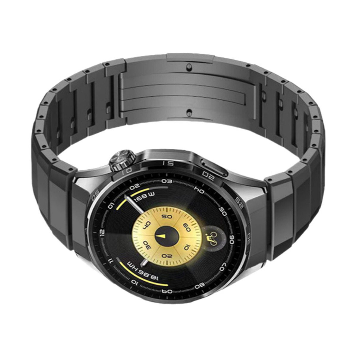 Eine metallische Smartwatch mit schwarzem Zifferblatt und Armband. Das Zifferblatt zeigt Zahlen und Daten mit einem goldenen Innenkreis.