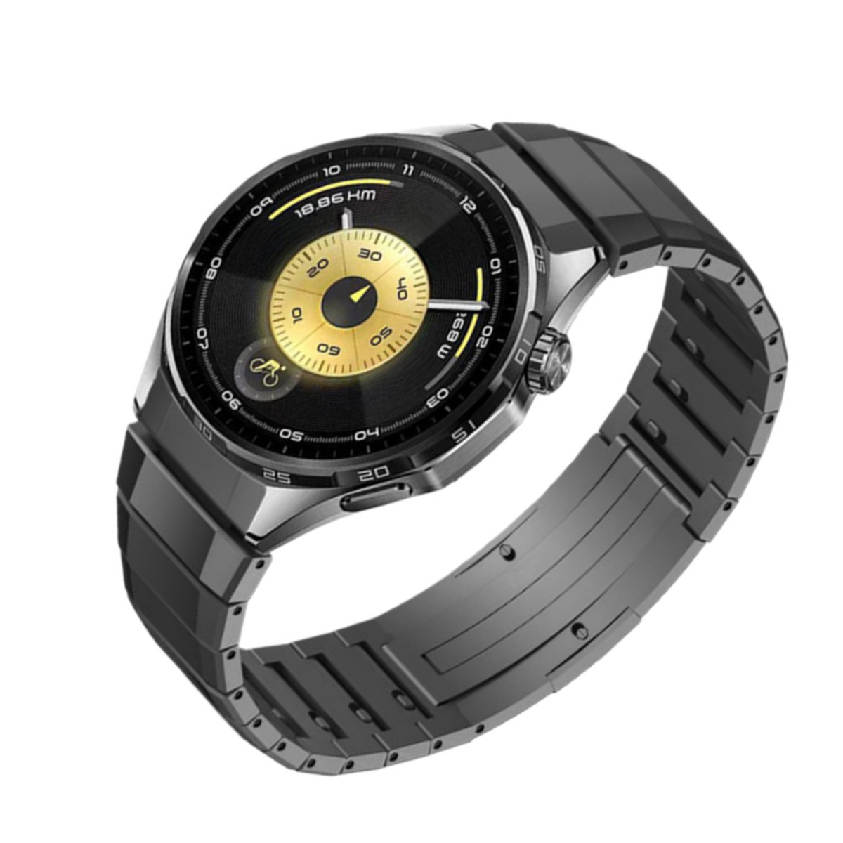 Eine moderne Smartwatch mit einem schwarzen Metallarmband. Das Zifferblatt ist schwarz mit goldenen Akzenten und zeigt Daten an.
