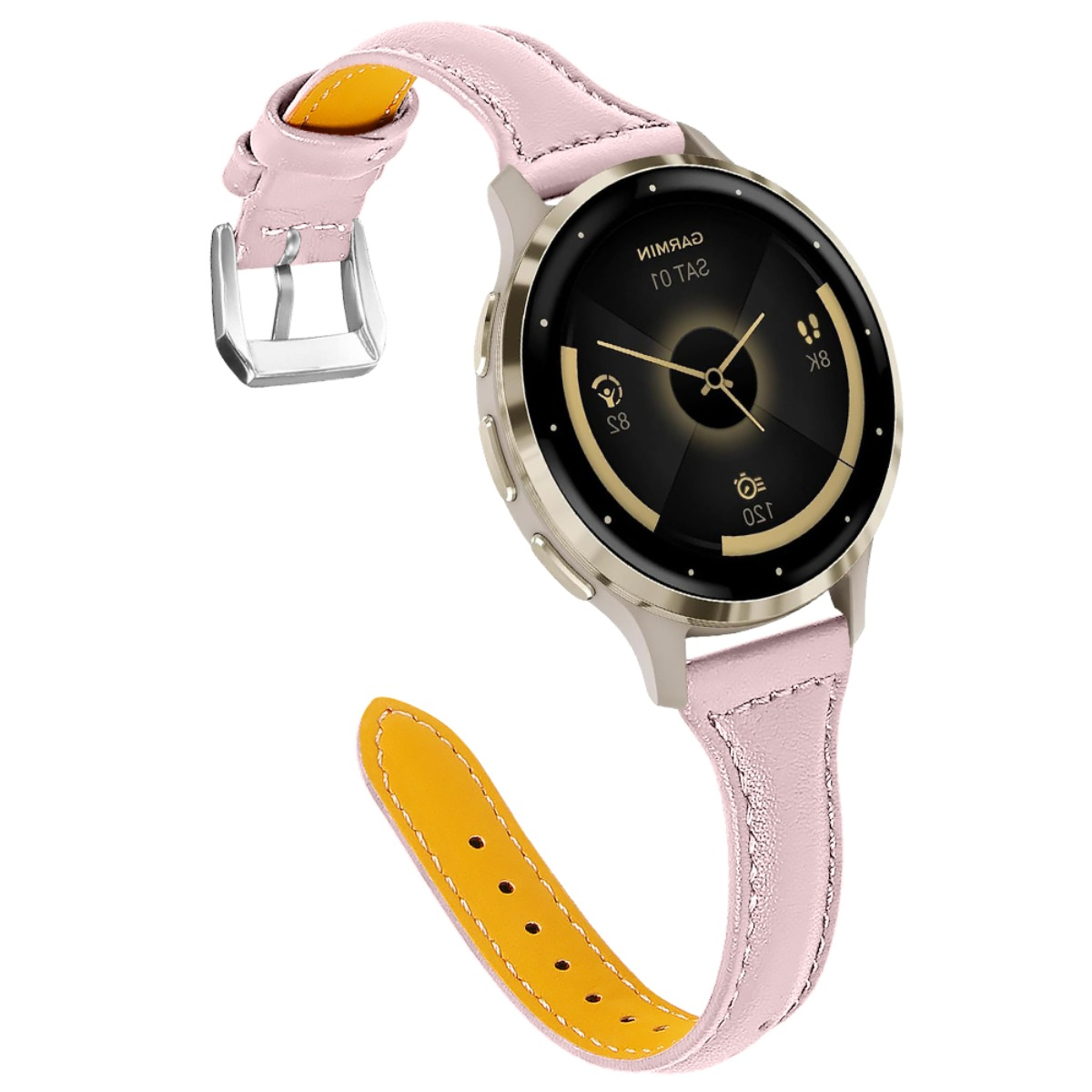 Eine Smartwatch mit rosa Lederarmband. Das Zifferblatt ist schwarz und gold. Das Armband hat eine gelbe Unterseite.