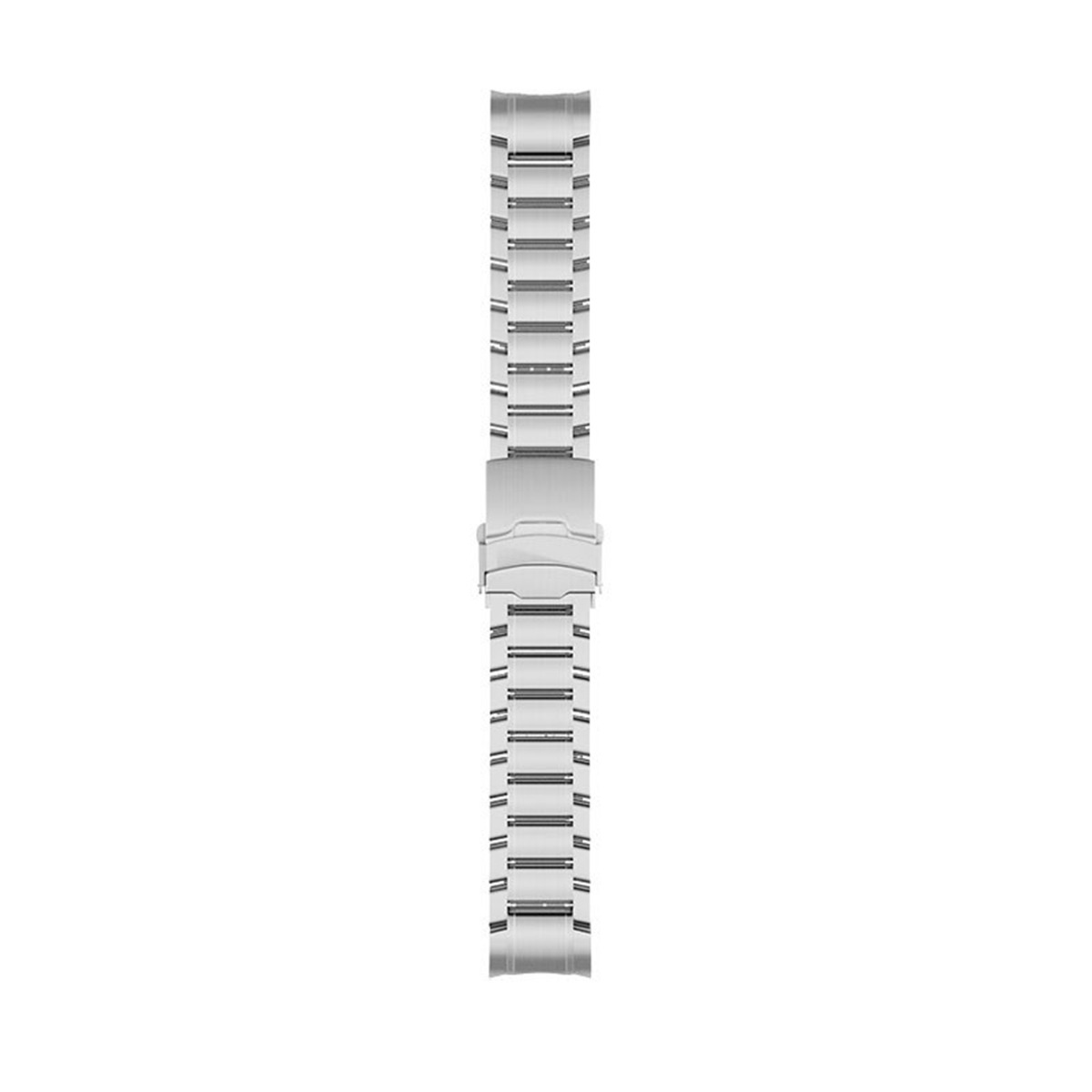 Un cinturino in metallo argentato per orologio su sfondo bianco. È composto da più maglie piccole.