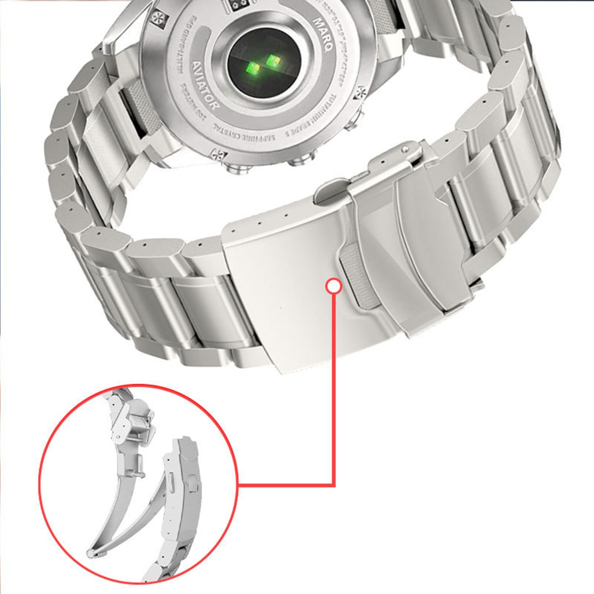 Primo piano di un orologio argentato con cinturino in metallo. Una vista ingrandita mostra la chiusura e parte del meccanismo.