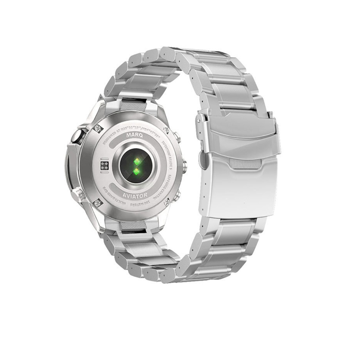 Smartwatch argentato con cinturino in metallo. Il retro mostra 'MARQ AVIATOR', sensore di frequenza cardiaca e testo 'SAPPHIRE CRYSTAL'.