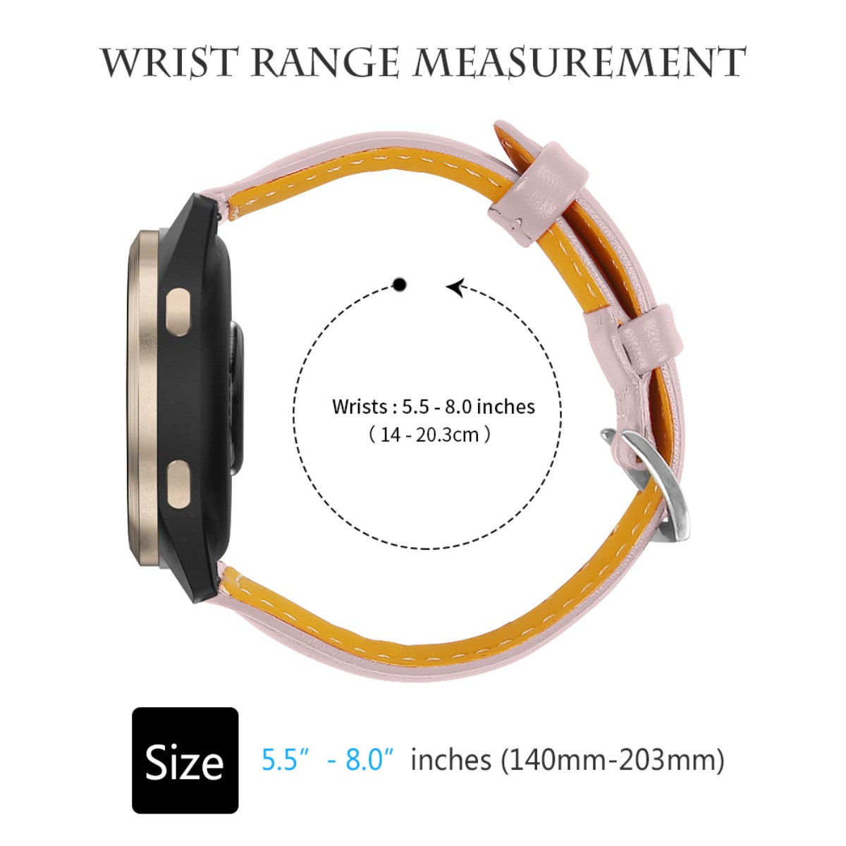 Eine Uhr mit rosa und gelbem Armband. Text zeigt Handgelenkgrößenbereich und Messung in Zoll und Zentimetern.