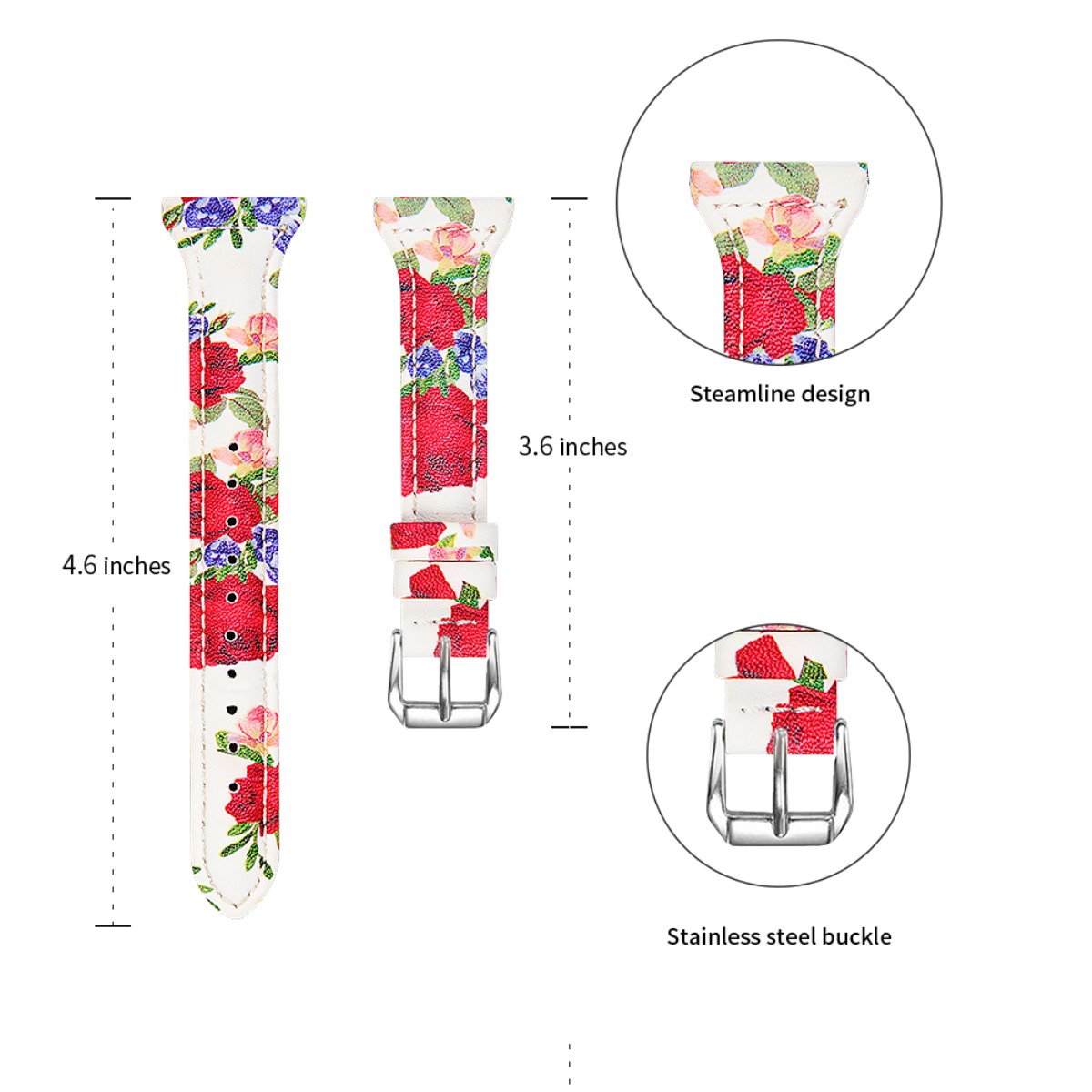 Ein weißes Armband mit roten Rosen und blauen Blumen. Zeigt Abmessungen, Stromliniendesign und Edelstahlschnalle.