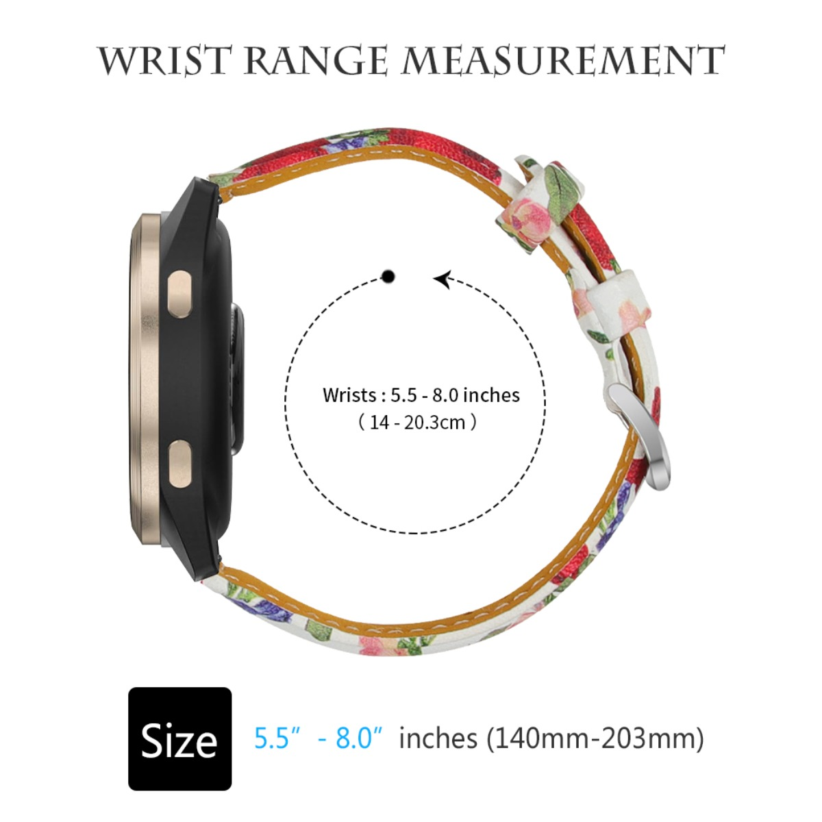 Eine Uhr mit floralem Armband wird gezeigt, die den Handgelenkgrößenbereich anzeigt. Der Text gibt Größen von 5,5 bis 8,0 Zoll an.