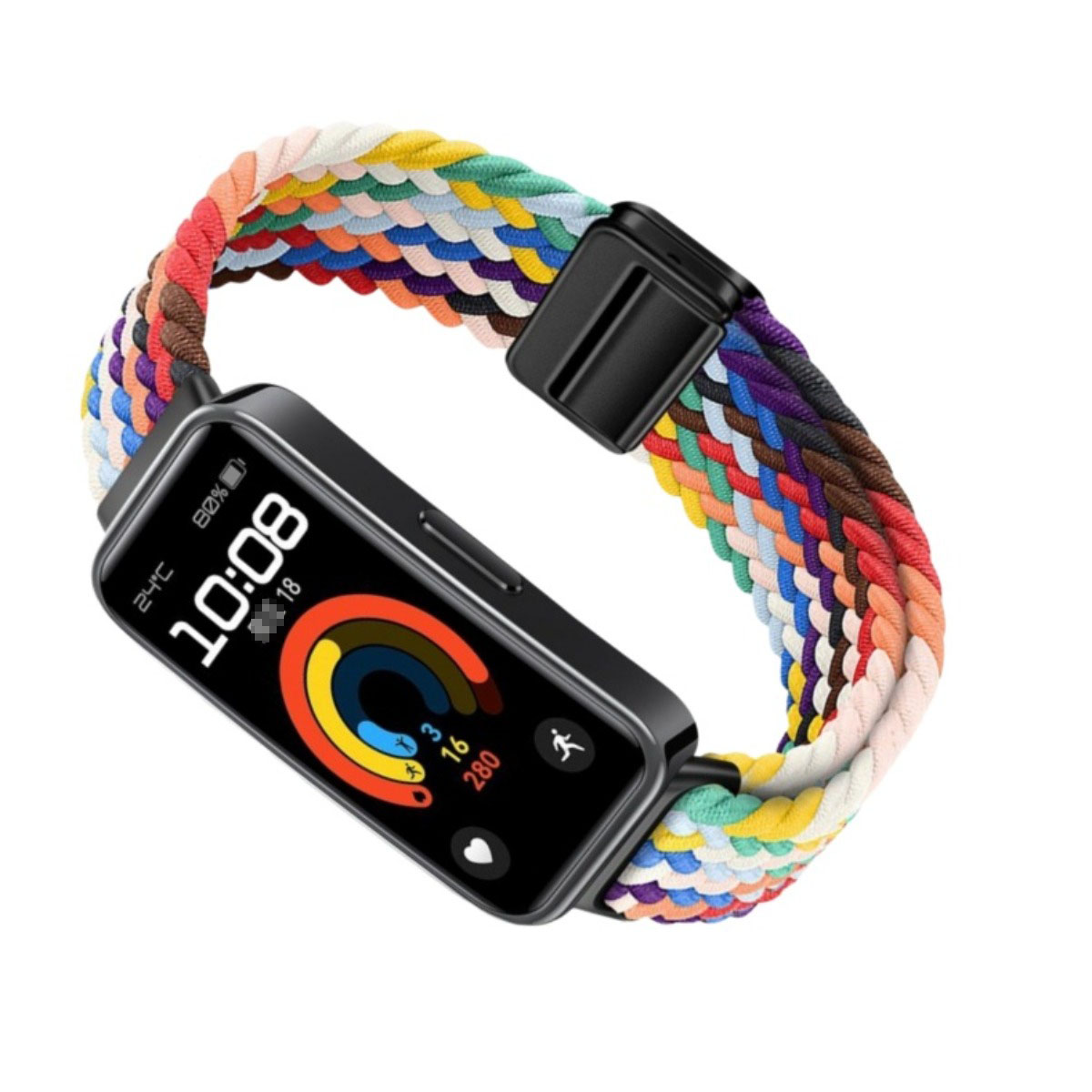 Eine Smartwatch mit schwarzem Bildschirm, der Zeit und Aktivitätsdaten anzeigt. Das Armband ist farbenfroh, geflochten mit mehreren Strängen.