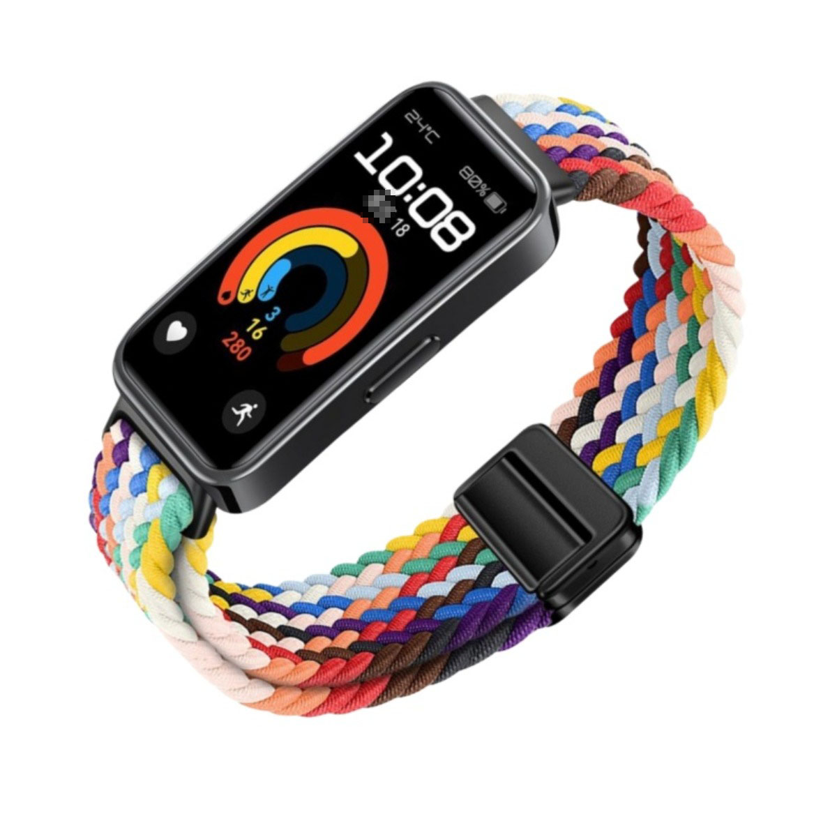 Smartwatch mit buntem geflochtenem Armband. Das Zifferblatt zeigt Uhrzeit, Schritte und Akkustatus an. Das Armband besteht aus bunten Strängen.