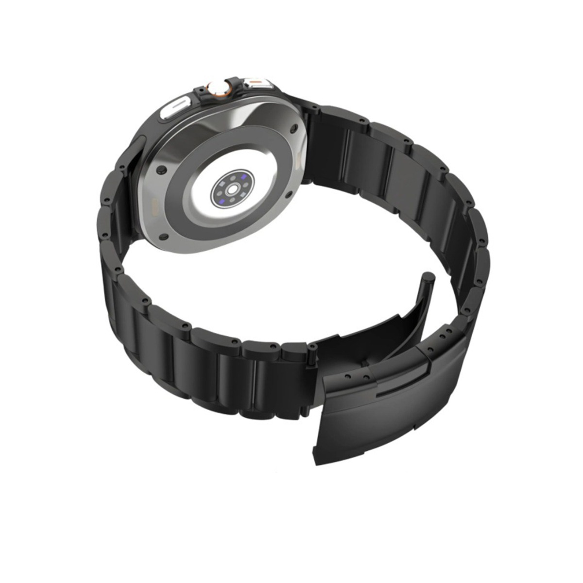 Reloj inteligente negro con una banda de metal. La parte trasera del reloj muestra sensores. La banda está parcialmente abierta.