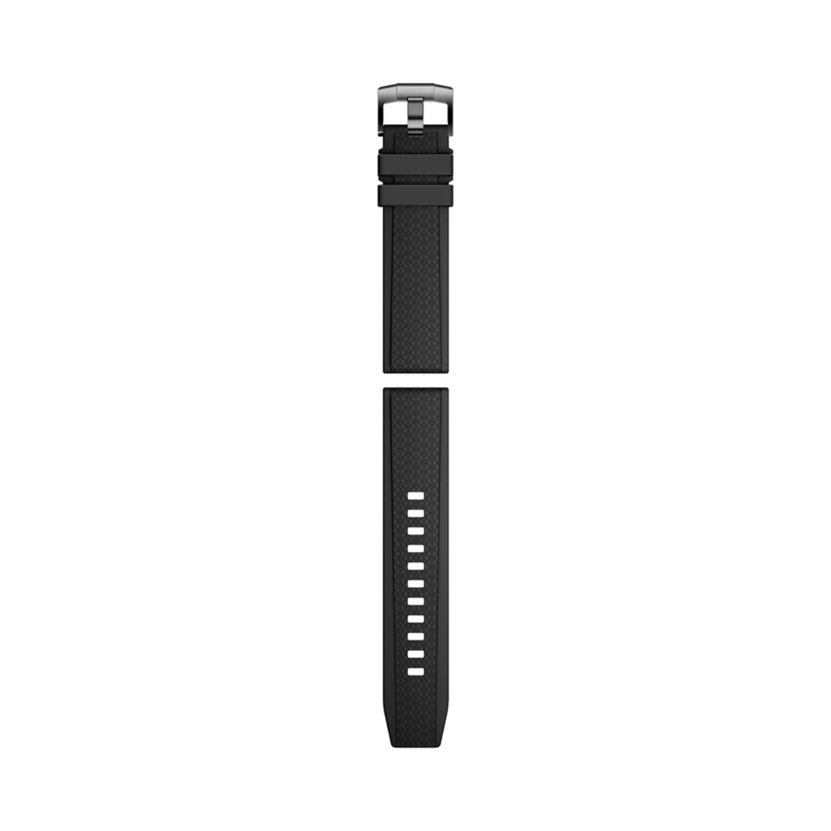 Ein schwarzes Armband mit silberner Schnalle ist abgebildet. Es ist in zwei Teile geteilt, eines mit der Schnalle und das andere mit weißen Streifen.