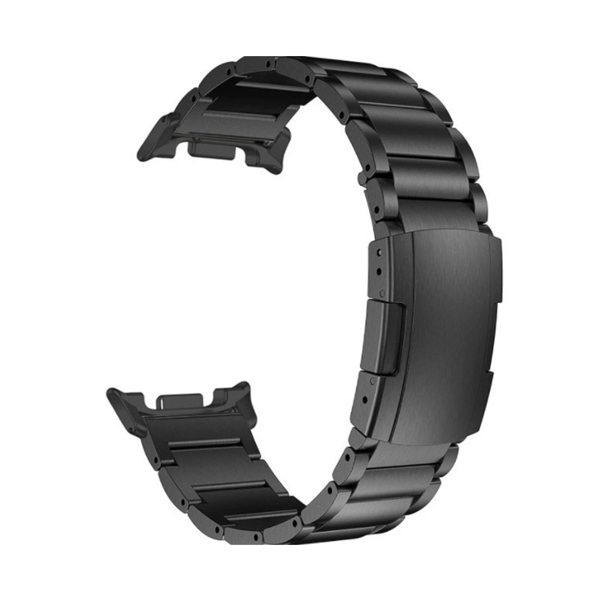 Una correa de reloj de metal negro curvada se encuentra sobre un fondo blanco. Tiene un cierre y múltiples segmentos conectados.