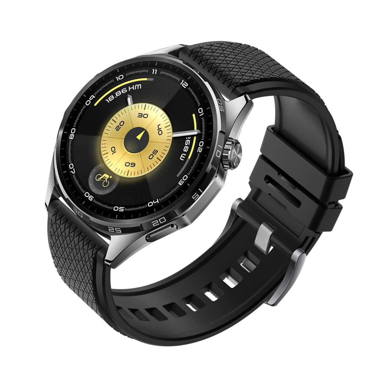Eine moderne Smartwatch mit schwarzem Armband. Das Zifferblatt ist schwarz und goldfarben und zeigt Zeit und Fitnessdaten an.