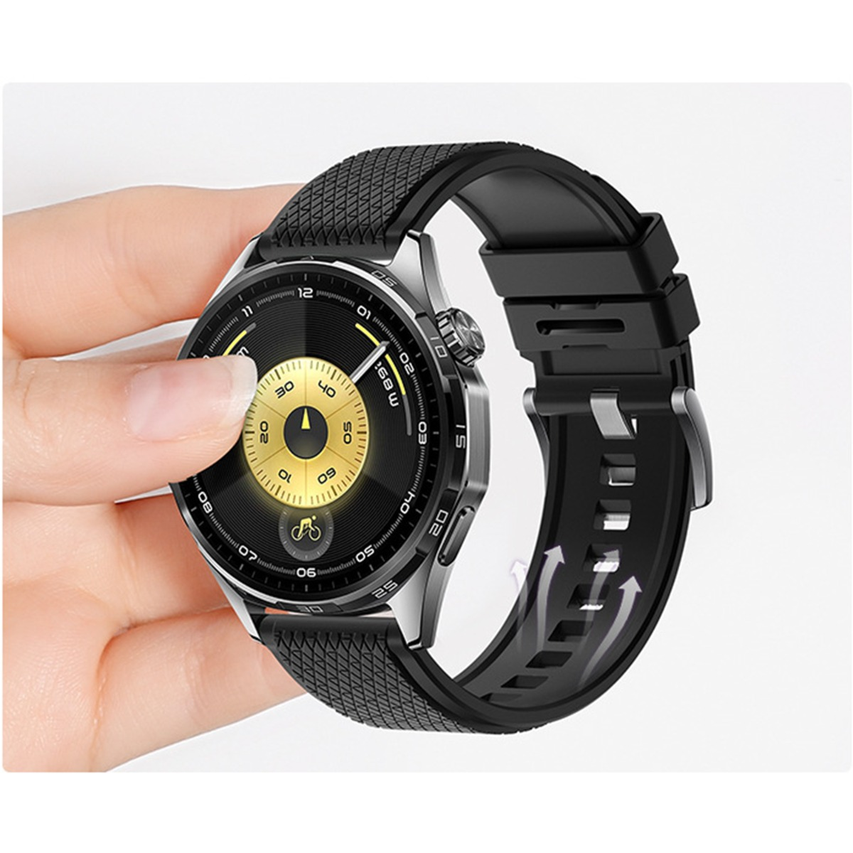 Eine Hand berührt eine Smartwatch. Die Uhr hat ein schwarzes Armband und ein goldfarbenes Zifferblatt mit Zahlen und einem Fahrradsymbol.