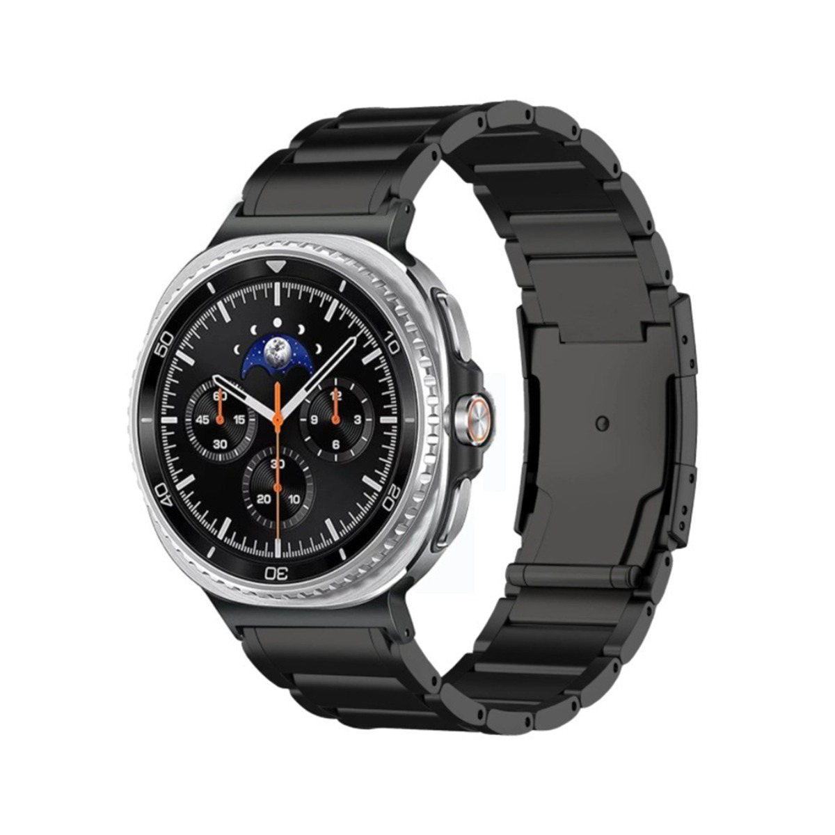 Un reloj inteligente negro con esfera redonda negra, bisel plateado y correa de metal negro. La esfera muestra varias esferas.
