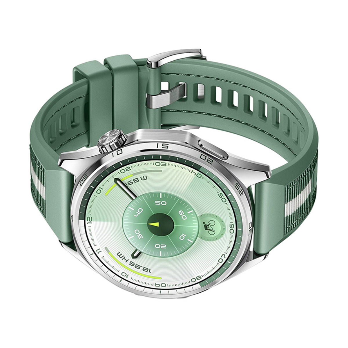 Eine grüne Smartwatch mit silberner Lünette. Sie hat ein grünes Armband mit weißen Streifen und ein kreisförmiges Display.