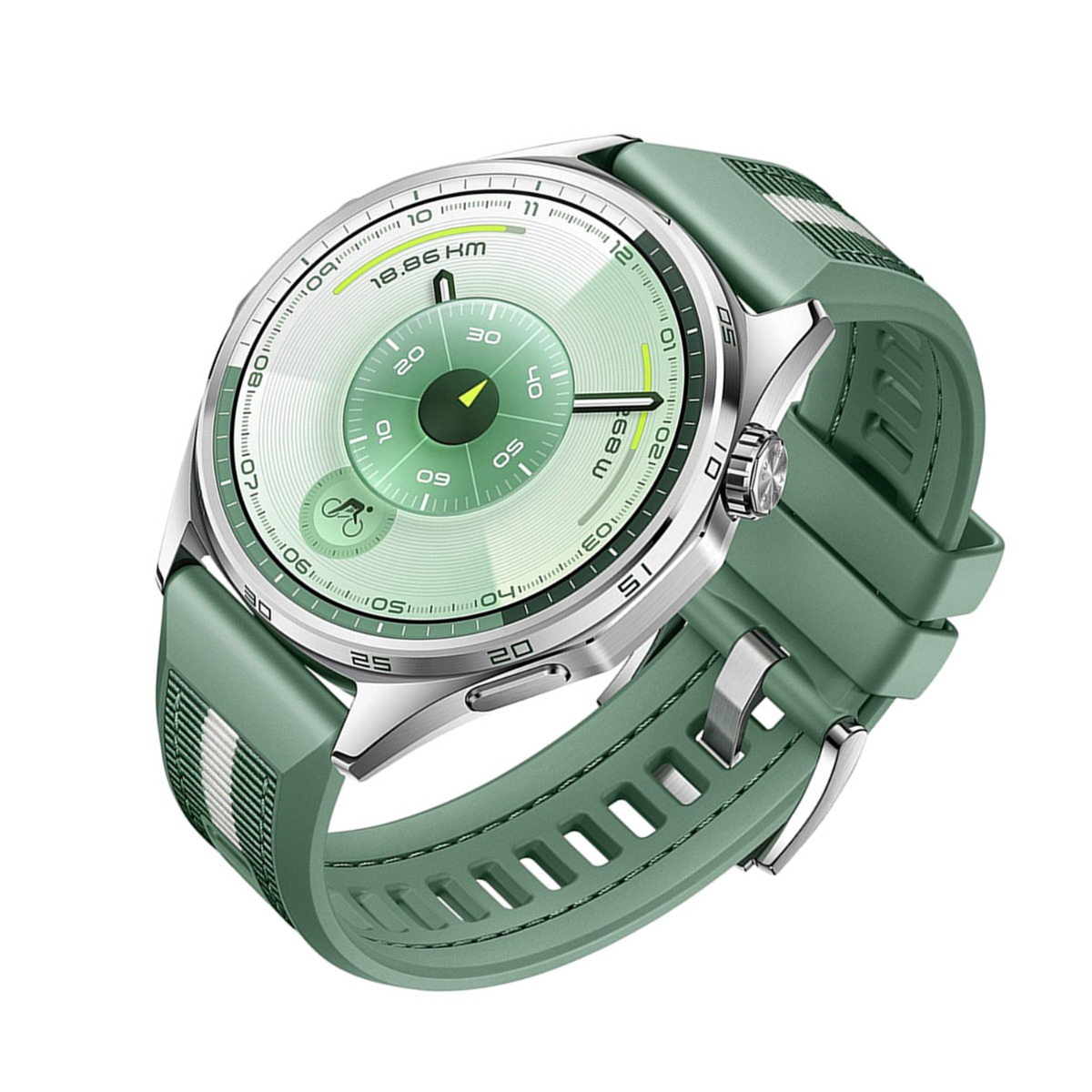 Eine grüne Smartwatch mit silbernem Rahmen. Das Zifferblatt zeigt Distanz und andere Metriken an. Sie hat ein grünes Armband.