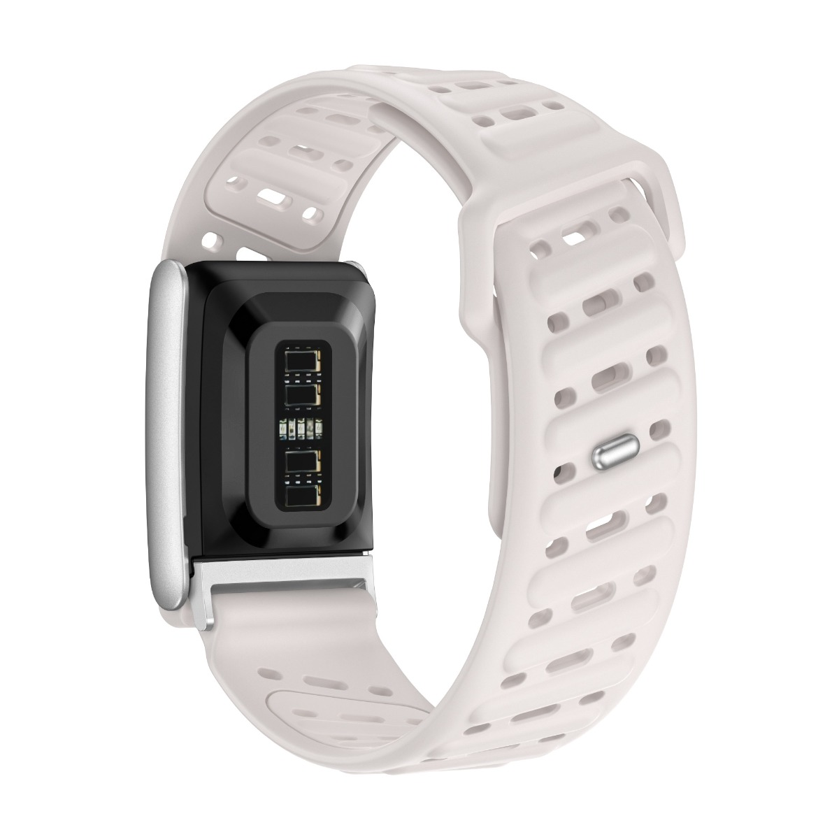 Eine weiße Smartwatch mit schwarzem Bildschirm, der Daten anzeigt. Das Armband ist weiß mit Löchern und einem silbernen Verschluss.
