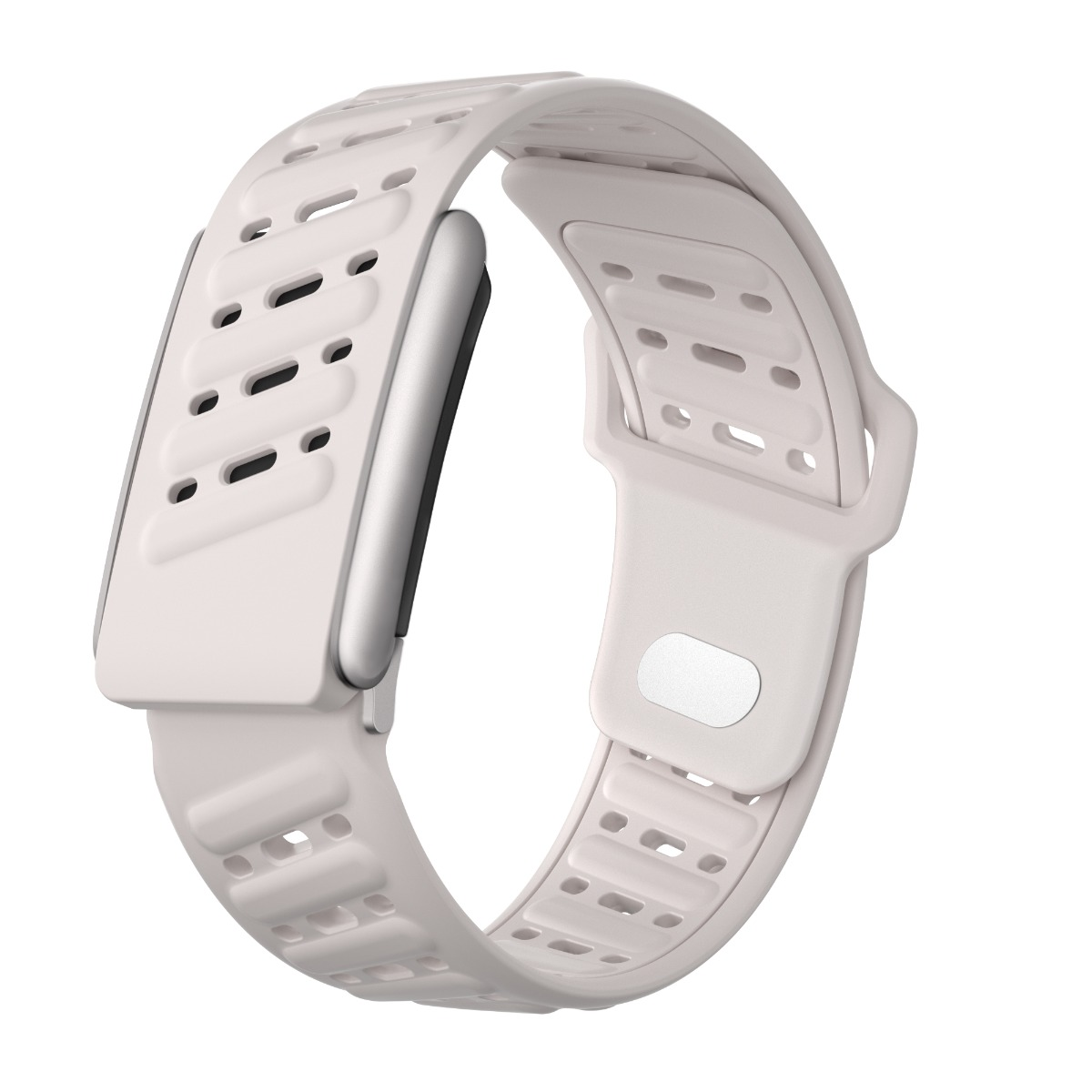 Ein hellrosa Armband für eine Smartwatch mit silbernem Gehäuse. Das Armband hat Löcher und einen Verschluss. Weißer Hintergrund.