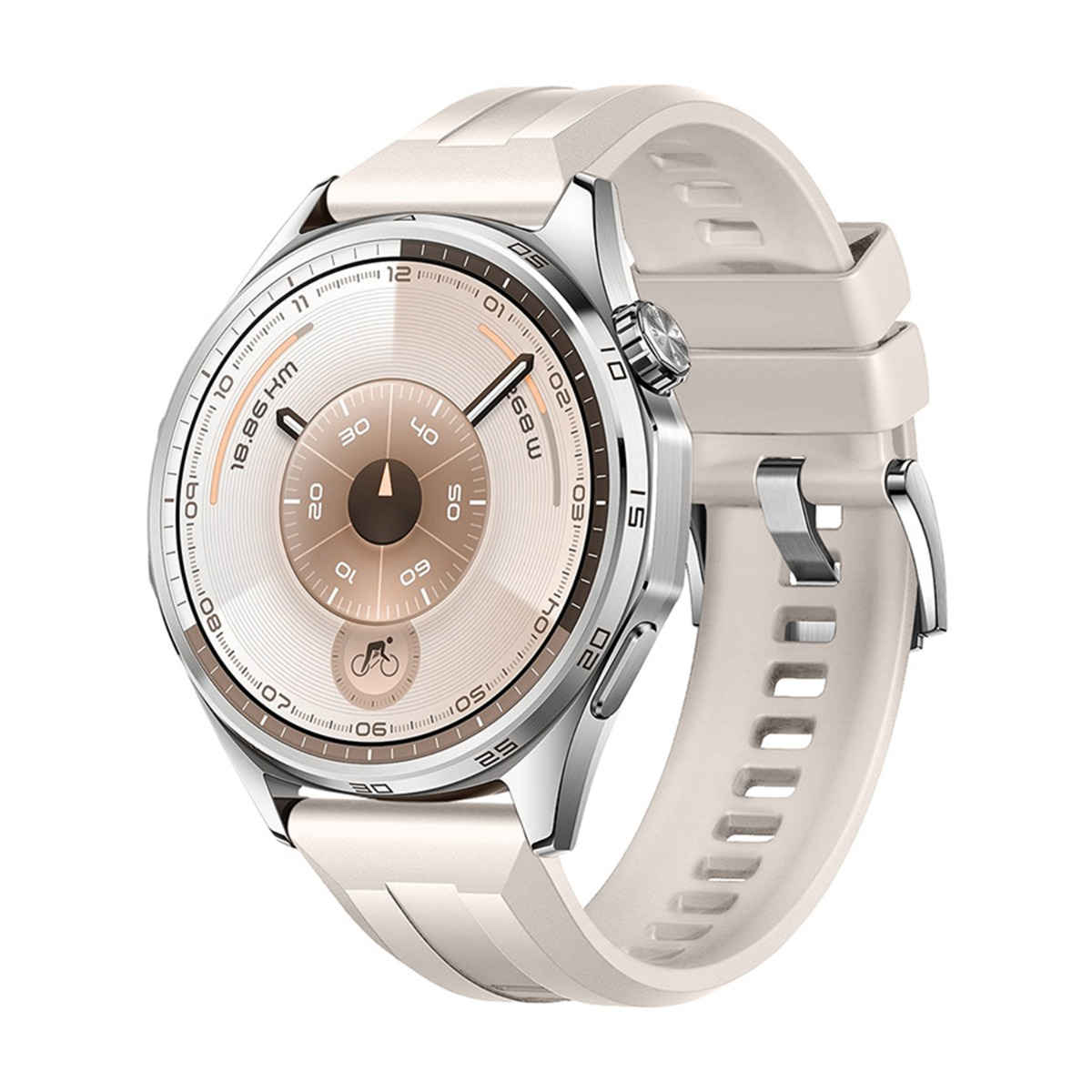 Uno smartwatch rotondo con cinturino color crema. Il quadrante è chiaro con numeri e una piccola icona di bicicletta.