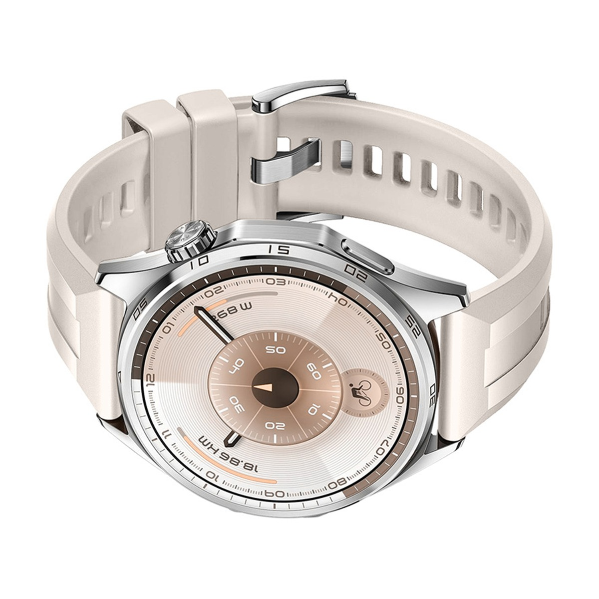 Uno smartwatch color crema con lunetta argentata e cinturino color crema. Il quadrante mostra numeri e indicatori.
