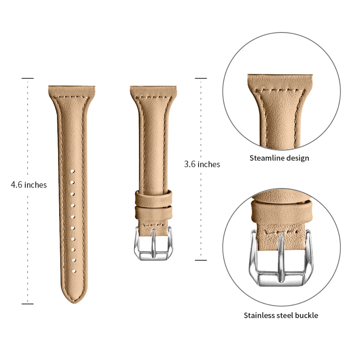 Correas de reloj beige con hebilla de acero inoxidable. Una correa mide 4,6 pulgadas, la otra 3,6 pulgadas. Incluye diseño aerodinámico.