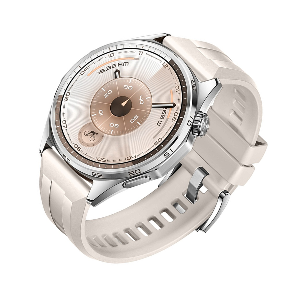 Uno smartwatch color crema con quadrante rotondo, lunetta argentata e cinturino crema. Il quadrante mostra metriche di tempo e distanza.